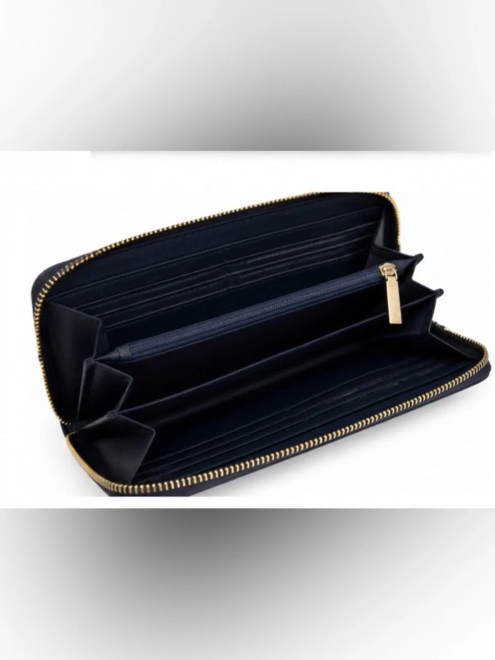 BCBG Generation Navy Zip Around Wallet Gold Hardware Butterfly Charm